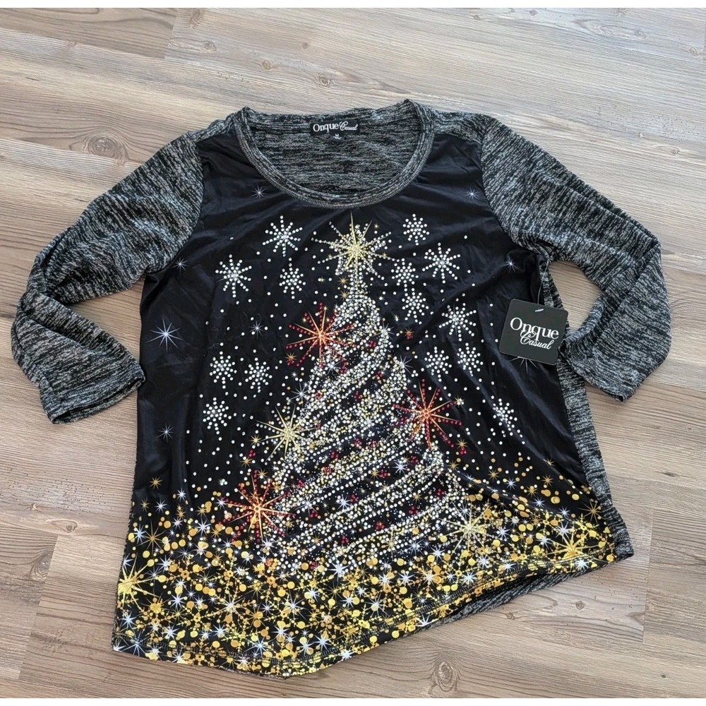 Onque Woman Holiday Sequin Sparkle Christmas Tree Shirt Top Size M Black Yellow